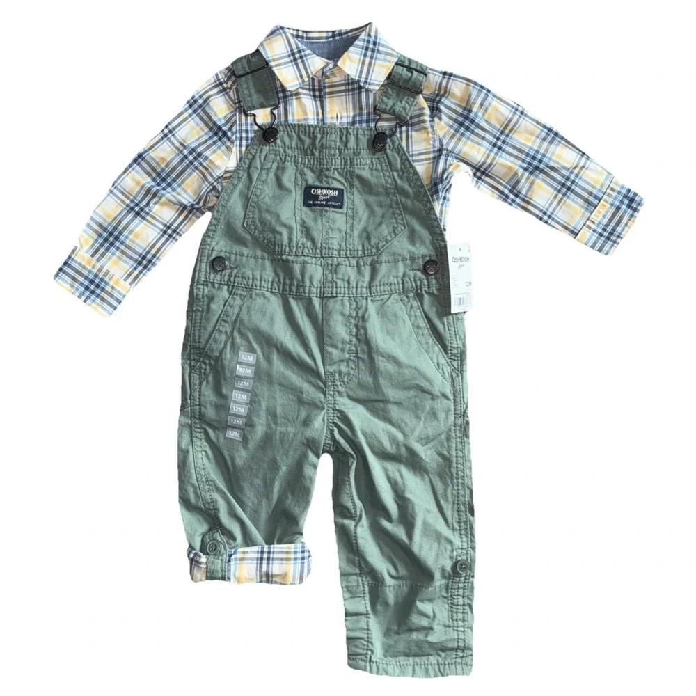 OSHKOSH B'GOSH Vestbak pant overalls Matching Plaid Shirt Boys 12 Months 2 Piece - Picture 2 of 11